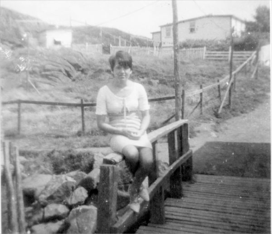 679: Jenny Kerrivan sitting on Reddy's bridge. J V McCarthy's house is in the background. (circa 1967) [courtesy of Jenny (Kerrivan) Harvie]  - Daughter of Joseph Kerrivan &amp;amp; Madeline Bennett